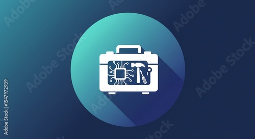 White Toolbox Icon with Circuit Board Inside on Teal Circle Background