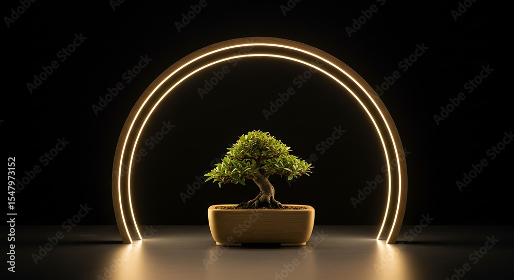 Fototapeta premium Bonsai tree illuminated by warm glowing arch in a dark setting