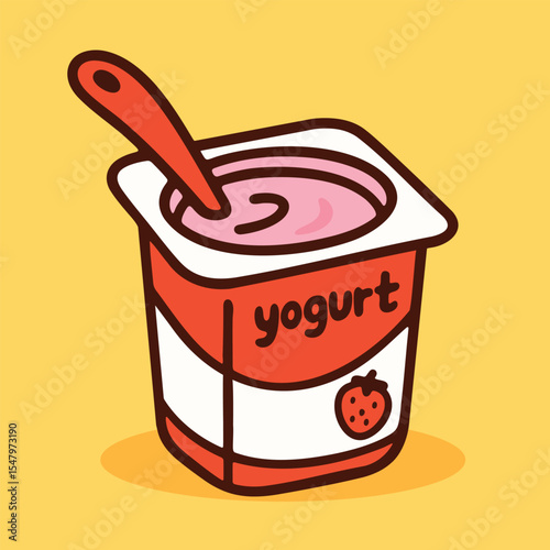 Vector illustration of a cartoon yogurt cup with spoon and strawberry flavor. Perfect for dairy, kids' food, and healthy snack designs.

