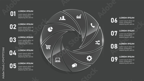 3D Glass Effect Circle Infographic with 9 Steps – Business Timeline Vector with Technology Icons and Digital Design