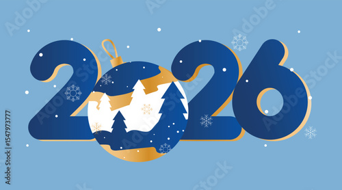 Happy new year 2026 design gold and blue with an abstract winter pattern with a Christmas tree toy