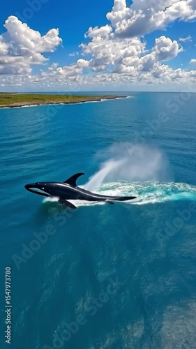 Whale Breaching and Splashing in the Open Ocean Under Bright Sky
