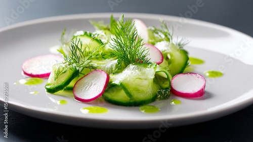 Modern Nordic-style salad: shaved cucumber ribbons, dill, radish slices on matte white plate, minimalist layout