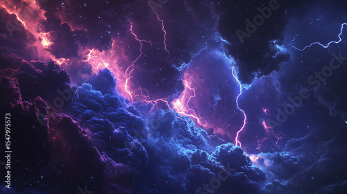 A breathtaking view of a nighttime thunderstorm, with a starry sky partially visible, vivid bolts of lightning creating a stunning contrast against the dark clouds