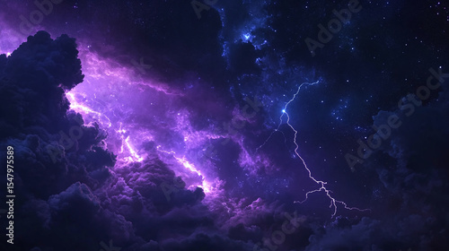 A breathtaking view of a nighttime thunderstorm, with a starry sky partially visible, vivid bolts of lightning creating a stunning contrast against the dark clouds