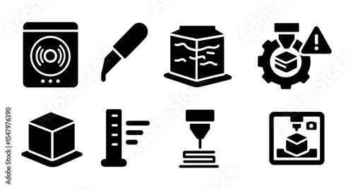 3d printing solid icon set. additive manufacturing, technology, tools, equipment icons