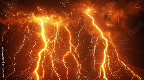 A dramatic close-up of multiple lightning bolts striking simultaneously during a thunderstorm, with bright flashes against a dark, ominous sky, evoking a sense of awe and power