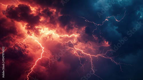 A dramatic close-up of multiple lightning bolts striking simultaneously during a thunderstorm, with bright flashes against a dark, ominous sky, evoking a sense of awe and power