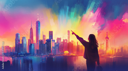 A dynamic scene of a woman pointing towards a vibrant city skyline, symbolizing ambition and opportunity