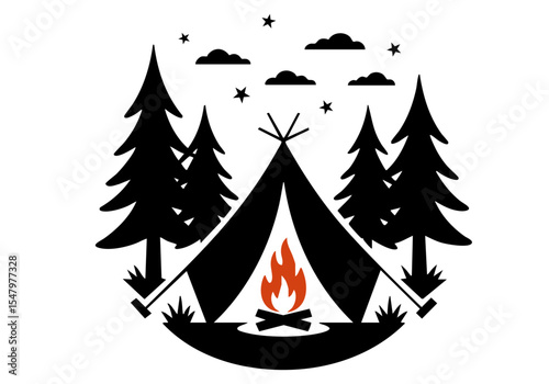 Vector silhouette of camping tent with campfire, pine trees, stars, and clouds, transparent background, perfect for outdoor adventure, travel, nature, night camping, and hiking themes