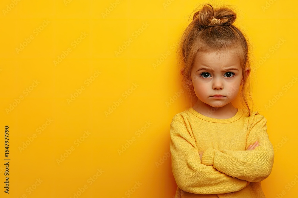 High Detail Visual of Portrait Sad Little Girl Standing on a Yellow Background High Detail Visual of Portrait Sad Little Girl Standing on a Yellow Background