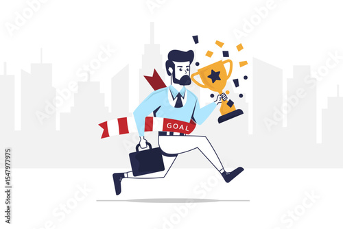Businessman Reaching His Goal and Celebrating Success, Businessman Conquers His Goals and Collects His Trophy, Race Towards Professional Success Crossing the Finish Line with Trophy