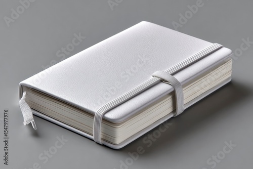 White notebook lies on a gray surface with an elastic strap and a ribbon bookmark