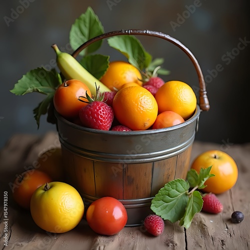 rustic wooden bucket with assorted fresh fruits including bananas, berries, oranges, and tomatoes on wooden background