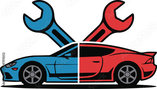 This vector illustration depicts a cartoon car in a car service concept, perfect for an auto repair icon or transportation design