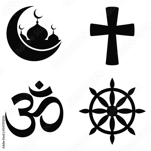 Black Crescent Moon Mosque Cross Om Dharmachakra Symbols