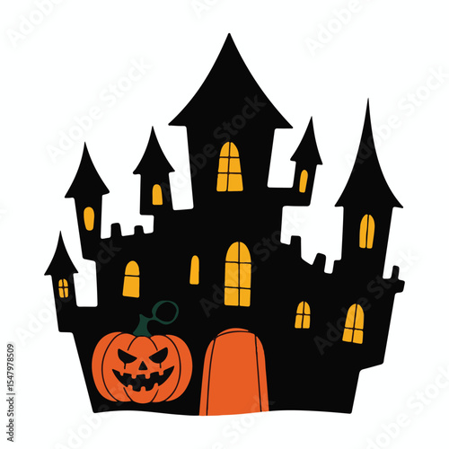  Spooky Halloween Haunted Castle with Jack-o'-Lantern Illustration