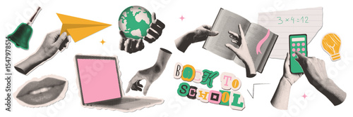 Set of cutout halftone collage elements on the theme of back to school. Books, phone, laptop on hands etc isolated on transparent background.