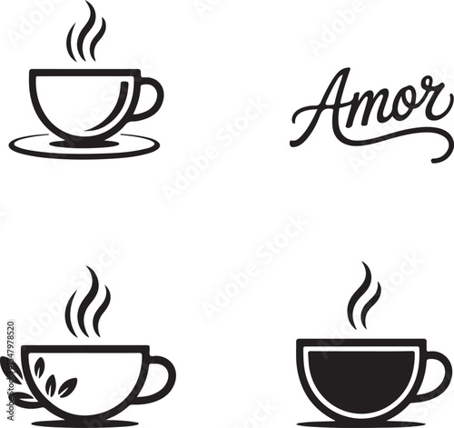 Hot espresso in a brown mug with a steam icon, a vector illustration of coffee beans, and a tea drink set for cafe design