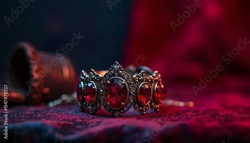 luxury gold bracelet with large oval red gemstones on velvet background, elegant jewelry with intricate metal craftsmanship