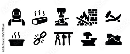 Blacksmith tools solid icon set. anvil, hammer, forge icons for craftsmanship