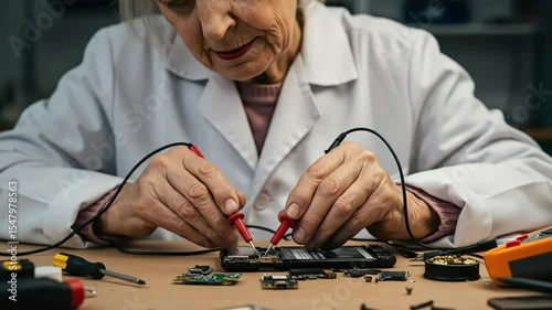 Senior Woman Repairing Electronic Devices at Workshop with Precision and Care