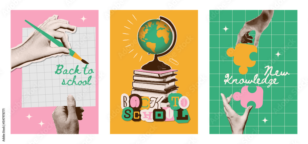 Fototapeta premium Set of halftone collage posters with hands. Drawing, developing, learning, designing concept. Back to school. Template for card, poster, banner, social media. Vector illustration