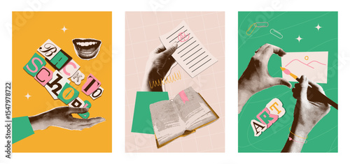 Set of vintage style halftone collage posters on the theme of learning and back to school. Grunge texture of torn out paper pieces with hands. Contemporary vector graphics.