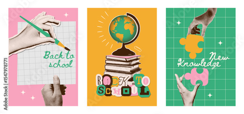 Set of halftone collage posters with hands. Drawing, developing, learning, designing concept. Back to school. Template for card, poster, banner, social media. Vector illustration