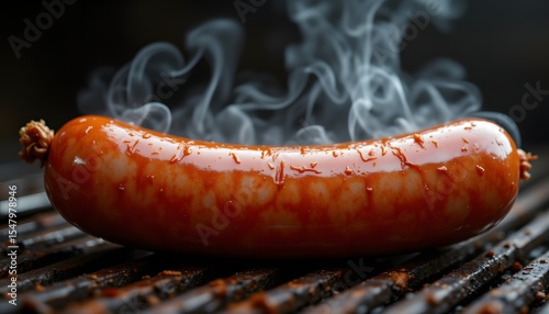 A single, plump sausage, browned and slightly charred from the grill, resting against a backdrop with a transparent quality