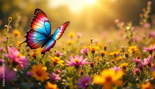 A vibrant butterfly, wings a kaleidoscope of sapphire, crimson, and gold, dances across a sun drenched meadow