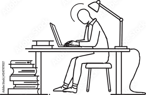 Man in silhouette sitting at a desk, typing on a laptop computer in an office