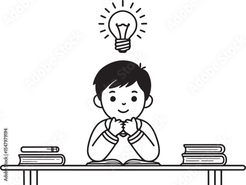 Cartoon illustration of a little schoolboy reading a book at his desk, deep in thought about his education