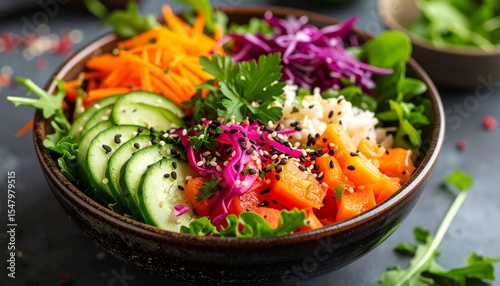 Modern salad plant-based concept. Vibrant salad bowl with fresh vegetables and salmon slices.