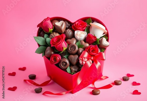 Heart-shaped box overflowing with chocolates, roses, and ribbon; pink background, delicious,  marketing