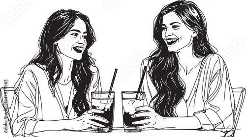 Two young women, a happy couple, smile while drinking wine together in a bar, celebrating their friendship and love