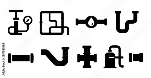 Plumbing silhouette icon set. pipes, fittings, water system icons collection