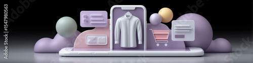 Online e commerce digital platform showing shirt product with shopping cart and communication icons in 3d render style
