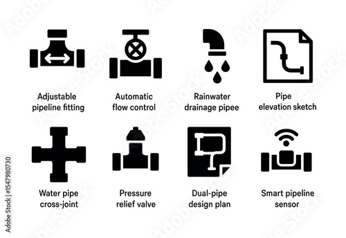 Plumbing and pipe silhouette icon set. modern water management tools collection