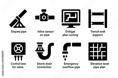 Engineering, construction solid icon set. industrial, pipeline icons collection