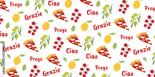 Seamless pattern with hand drawn pizza slices, lemons, cherry tomatoes, olives, basil leaves and Italian words. Fun Mediterranean food background.	