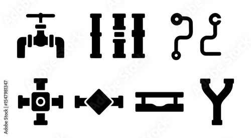 Plumbing and pipe silhouette icon set: essential tools and fixtures collection