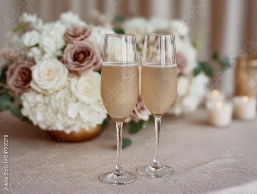 Celebrate special moments with elegant champagne flutes adorned with sparkling bubbles surrounded by a beautiful floral arrangement capturing warmth and sophistication