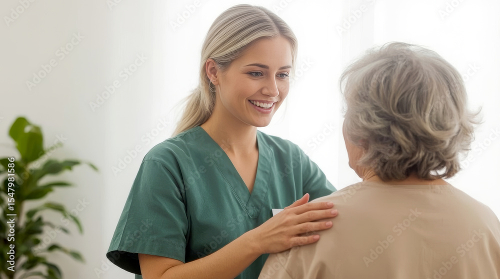 Fototapeta premium Friendly nurse supporting an elderly lady, warm and compassionate young female caregiver or nurse, with light hair tied back, wearing green medical scrubs