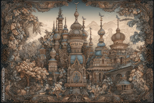 A fantasy illustration in the spirit of an old Russian fairy tale with a decorative frame.  