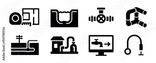 Plumbing, pipeline solid icon set. water, engineering, pipe, valve, and flow icons collection