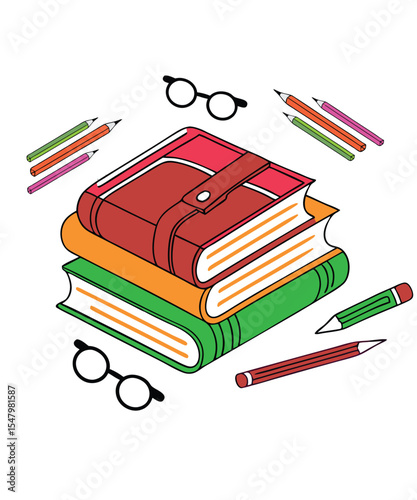 Vintage books and stationery illustration glasses, pencils ,colorful books vector. Educational theme, scientific and fiction literature. Vector illustration isolated on white background.