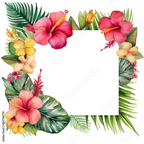 Watercolor tropical floral frame with hibiscus and jungle leaves. Colorful square botanical border for wedding invitation card summer greeting decorative design and exotic art projects.