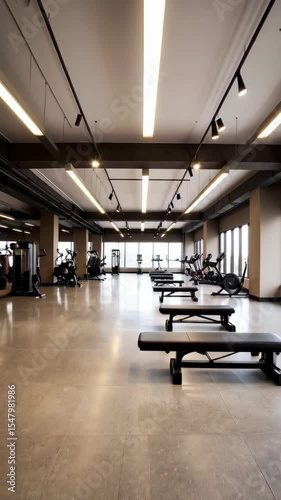 Interior shot of a fitness gym with weight benches and exercise machines in a modern design and architecture of training equipment.