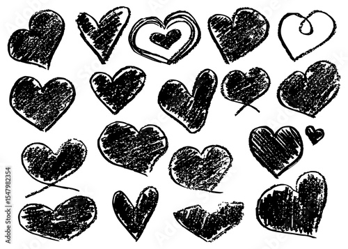 Set of hand drawn chalk hearts. Grunge childish drawing of hearts with crayon pencil texture. Different love hearts for Valentines Day